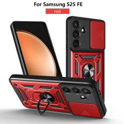 For Samsung Galaxy S25 FE Case With Slide Lens Cover S25 Ultra S25 Edge S25+ Ring Shockproof Stand Holder Phone Case