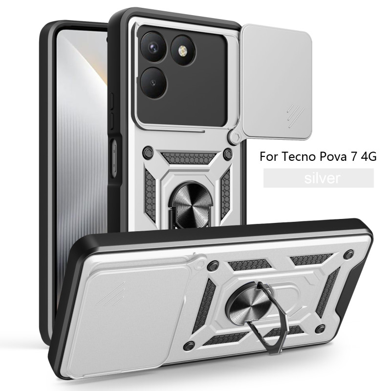 For Tecno Pova 7 4G Case With Slide Lens Cover Pova 6 Neo 4G 6 Pro 5G Ring Shockproof Stand Holder Phone Case