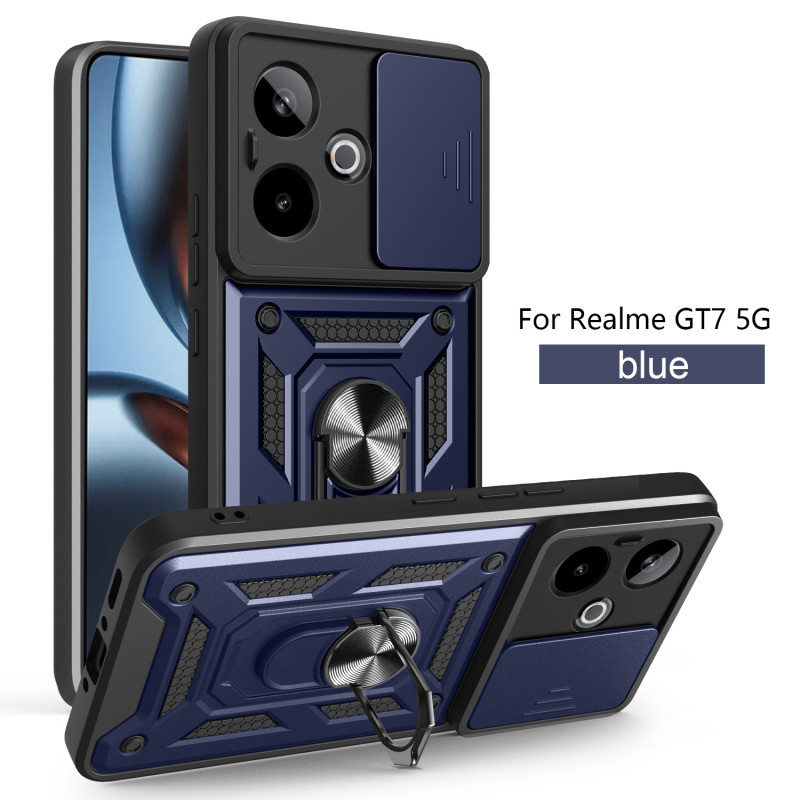 FFor Realme GT 7 Case With Slide Lens Cover GT 6T 5G Ring Shockproof Stand Holder Phone Case
