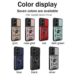 For Huawei Nova Y73 Case With Slide Lens Cover Y70 Y70plus 4G Ring Shockproof Stand Holder Phone Case