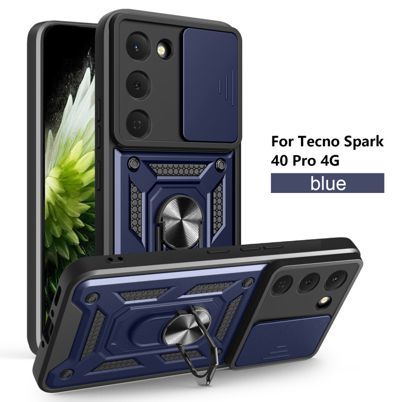 For Tecno Spark 40 Pro Case With Slide Lens Cover Spark40 30Pro 30C Ring Shockproof Stand Holder Phone Case