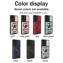 For Tecno Pop 10 Case With Slide Lens Cover Pop9 Pop8 Ring Shockproof Stand Holder Phone Case