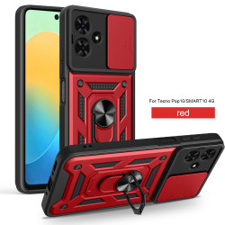 For Tecno Pop 10 Case With Slide Lens Cover Pop9 Pop8 Ring Shockproof Stand Holder Phone Case