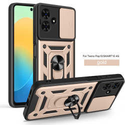 For Tecno Pop 10 Case With Slide Lens Cover Pop9 Pop8 Ring Shockproof Stand Holder Phone Case