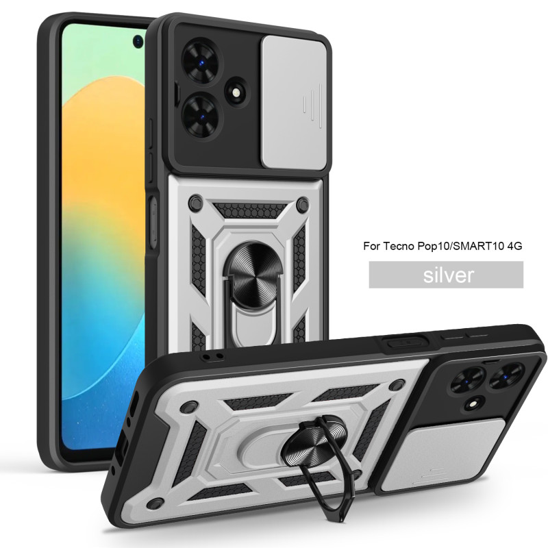 For Tecno Pop 10 Case With Slide Lens Cover Pop9 Pop8 Ring Shockproof Stand Holder Phone Case