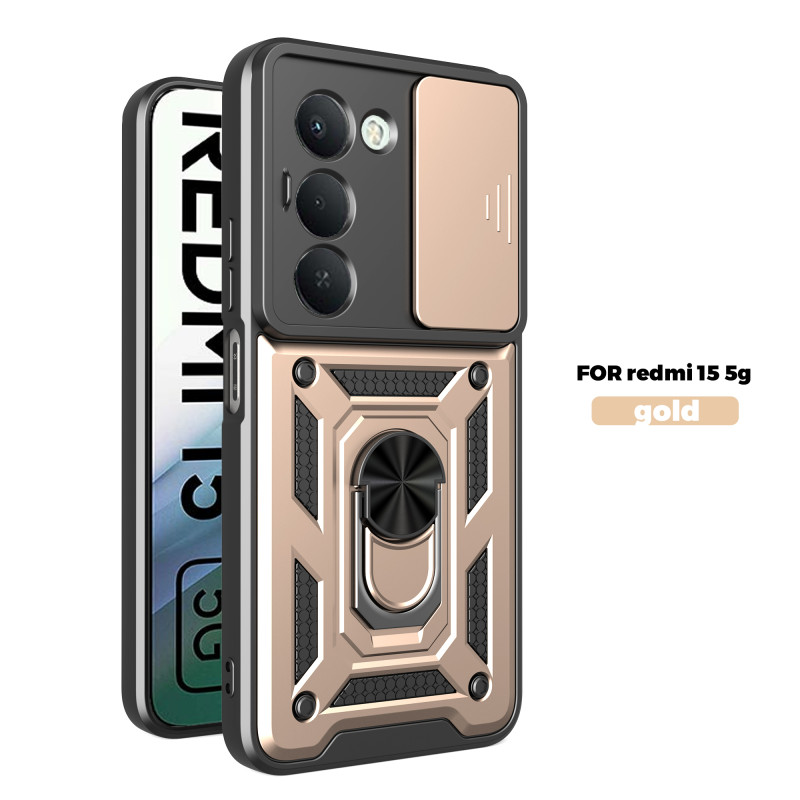 Case for Xiaomi Redmi 15 5G Slide Camera Protect Stand Phone Shell Funda for Redmi 15 4G 14C 4G Cover