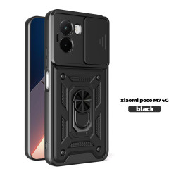 For Xiaomi Poco M7 4G Case With Slide Lens Cover Phone Poco M7pro 5G M6Pro 4G Ring Shockproof Stand Holder Phone Case
